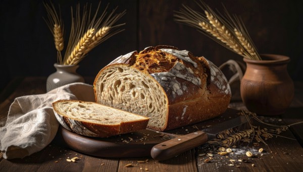 Rustic loaf of whole grain bread, fresh baked, close up of bread on dark wooden table, golden rust, soft lighting with blurred background, symbol for bakery and agriculture, healthy eating background, AI generated