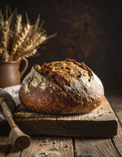 Rustic loaf of whole grain bread, fresh baked, close up of bread on dark wooden table, golden rust, soft lighting with blurred background, symbol for bakery and agriculture, healthy eating background, AI generated