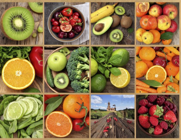 Food collage of various biological and organic fruits and vegetables, fresh healthy lifestyle, with a variety of vitamins, citrus fruits, green and red organic vegetables, kiwi, bananas, apple, avocados, tomatoes and green salad, symbolic background illustration for banner, template or wallpaper, AI generated