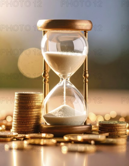 Hourglass and stacked golden coins, illustrating currency fluctuation and time impact commodities value, symbolizing fluctuating finance market changes, business setting, glass with sand on wooden table in the office, blurred background, wallpaper illustration, AI generated