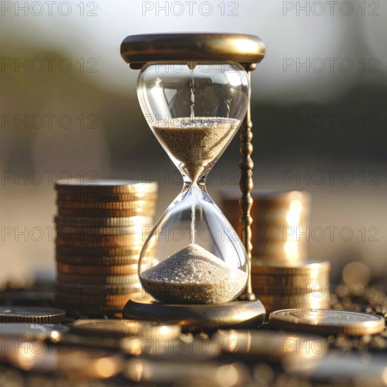 Hourglass and stacked golden coins, illustrating currency fluctuation and time impact commodities value, symbolizing fluctuating finance market changes, business setting, glass with sand on wooden table in the office, blurred background, wallpaper illustration, AI generated