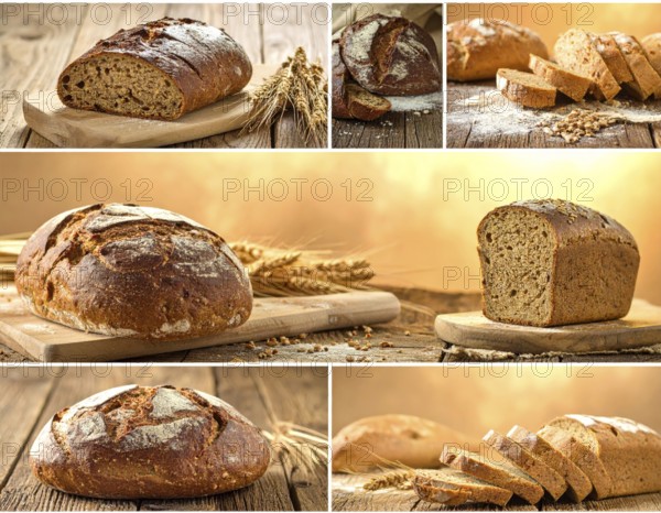 Collage of rustic loaf of whole grain bread, bread on dark rustic wooden table, great variety of grain and whole wheat bread, illustration wallpaper for bakery and healthy food lifestyle, AI generated