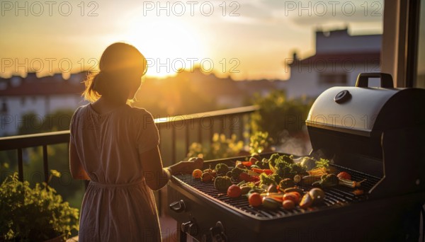 Cooking vegetables on grill on the balcony, healthy lifestyle, vegetarian barbeque, leisure time in summer, suburban setting with blurred background, soft golden light of evening, blue sky, AI generated