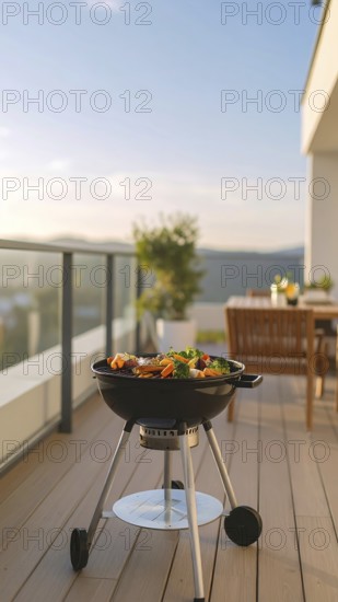 Cooking vegetables on grill on the balcony, healthy lifestyle, vegetarian barbeque, leisure time in summer, suburban setting with blurred background, soft golden light of evening, blue sky, AI generated