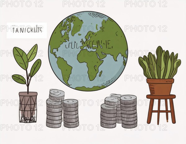Green earth globe with silver coin stack symbolizing global finance economy and sustainable growth, abstract geometric vector illustration, wallpaper template background, AI generated