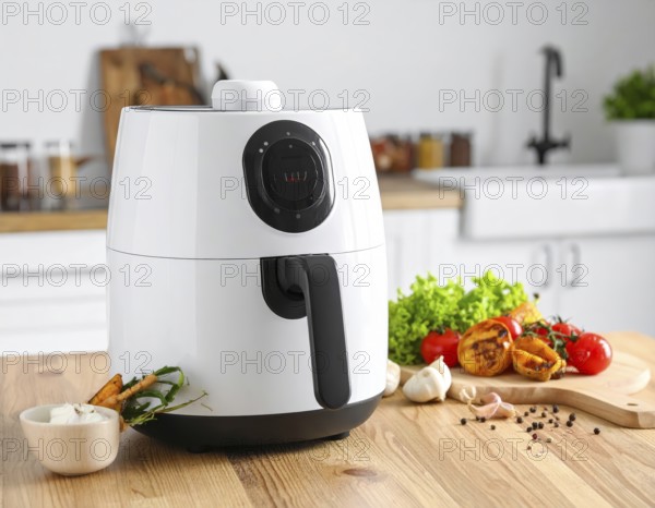 Air fryer with grilled vegetables, wooden table in the kitchen, healthy eating, healthy vegetarian lifestyle with fruits and vegetables, close up with blurred background, soft light, AI generated