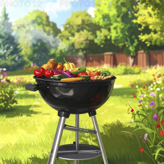 Cooking vegetables on grill outdoors, healthy lifestyle with healthy food, close up of grill with blurred background, soft golden light, picnic in the green park or garden, no people, AI generated