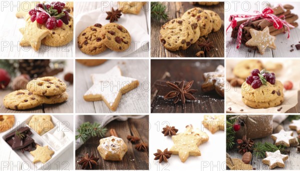 Collage of Christmas cookies and sweets, variation of sweet desserts, lots of unhealthy calories, soft golden light, festive wallpaper background, AI generated