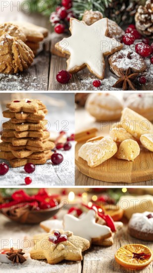 Collage of Christmas cookies and sweets, variation of sweet desserts, lots of unhealthy calories, soft golden light, festive wallpaper background, AI generated