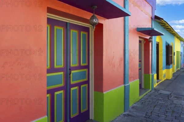 Colorful colonial architecture of historic center of Flores, Guatemala