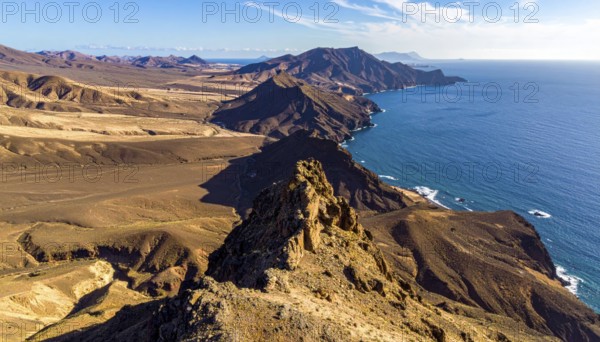 Desert landscape converges with ocean along a rugged coastal area, shore break at cliffs, blue cloudy sky at sunset, dry landscape in an aerial drone view, AI generated