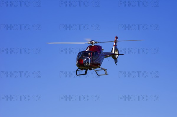 A Eurocopter EC 120B Colibri helicopter, D-HALX registration, during a flight demonstration as part of an air show on Rossfeld in Metzingen-Glems, Baden-Württemberg, Germany, for editorial use only