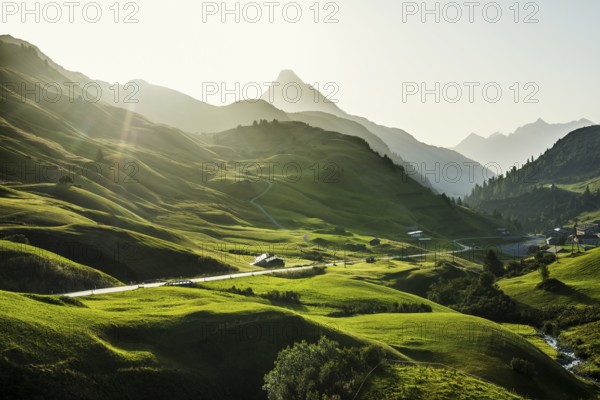 Mountain landscape, sunrise, Hochtannbergpass, Biberkopf, Warth, Bregenzerwald, Vorarlberg, Alps, Austria