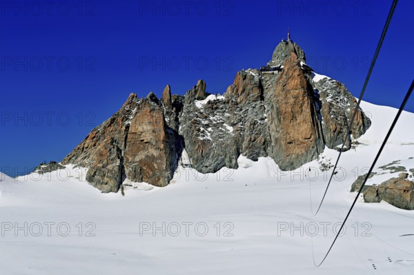 View from the Télécabine Panorama Railway to the Aiguille du Midi mountain station, Chamonix-Mont-Blanc, Haute-Savoie, France