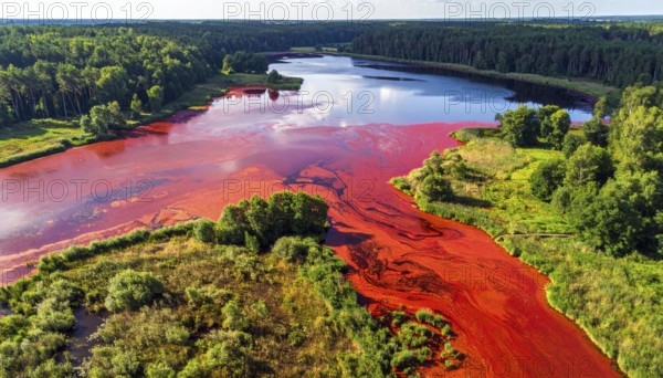 Red algae plant on the lake. abstract ecology nature concept, wild landscape with vibrant red colored water and green forest on a sunny day in summer, Aerial view, wilderness nature with no people around, AI generated