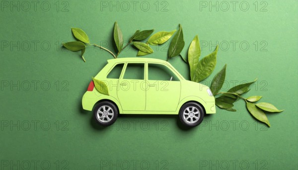 Car formed by green leaves and branches. Sustainable Car technology, ecology concept in harmony with nature, abstract wallpaper illustration, AI generated