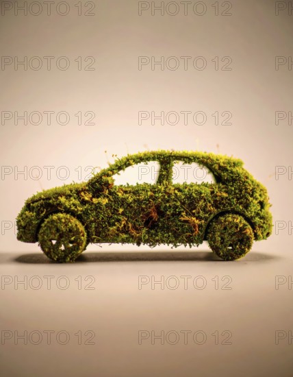 Car formed by green leaves and branches. Sustainable Car technology, ecology concept in harmony with nature, abstract wallpaper illustration, AI generated