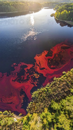 Red algae plant on the lake. abstract ecology nature concept, wild landscape with vibrant red colored water and green forest on a sunny day in summer, Aerial view, wilderness nature with no people around, AI generated