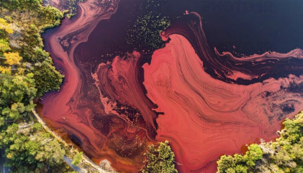 Red algae plant on the lake. abstract ecology nature concept, wild landscape with vibrant red colored water and green forest on a sunny day in summer, Aerial view, wilderness nature with no people around, AI generated