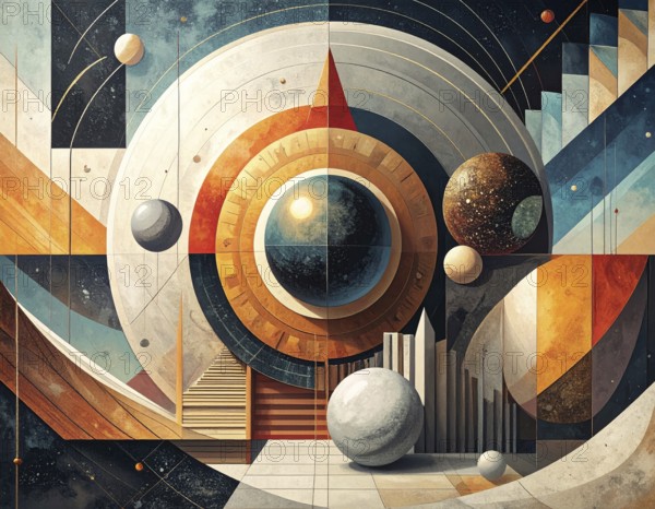 Vector art illustration, spheres, rectangles, triangles and geometric pattern, vector wallpaper illustration, textured background in vibrant colors, abstract drawing, simple artwork design for template or banner, AI generated