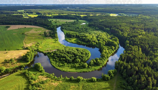 Ecology and environment concept. Green wilderness nature from above. Aerial view on meandering river landscape with trees and meadows. Healthy nature with tranquil atmosphere, AI generated
