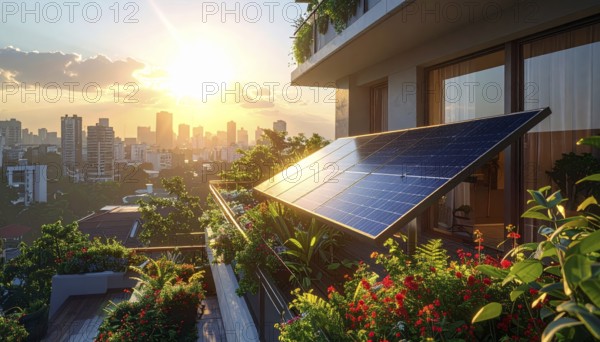 Sunlight Glinting Off Solar Panels on Contemporary Apartment Balcony, energy solution, concept of sustainable energy and environment protection, AI generated