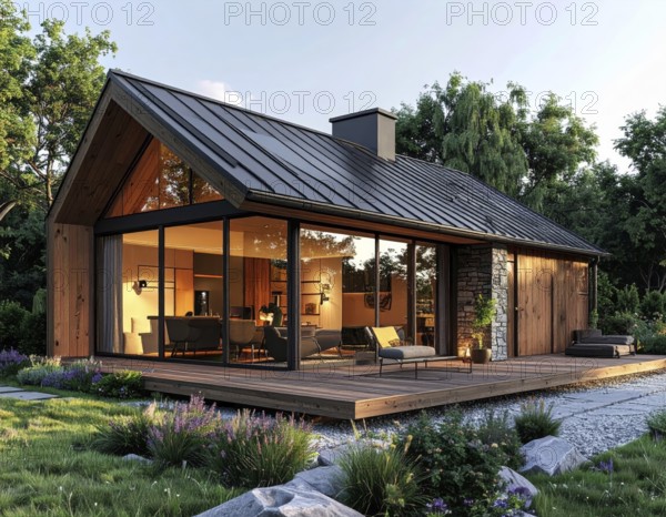 Modern Extension on a Traditional Cottage with Glass and Wood Architecture, green garden with plants and trees in the wilderness, evening soft twilight, on a clear sky, lights insight, AI generated