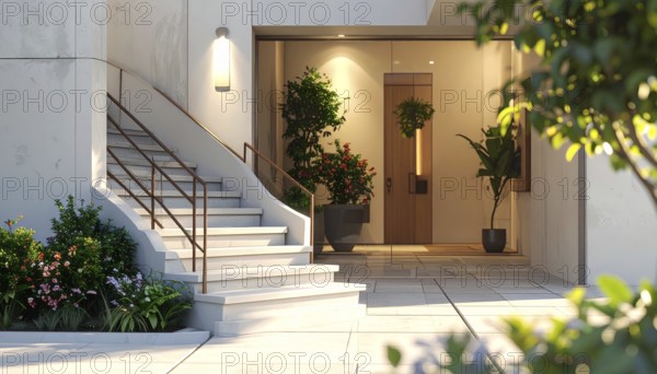 Modern building entrance with stairs, glass facade, and plants in warm evening light, empty storefront entrance with a gently stairs access, modern building with glass facade, blurred background, soft sunlight at evening, no people, AI generated