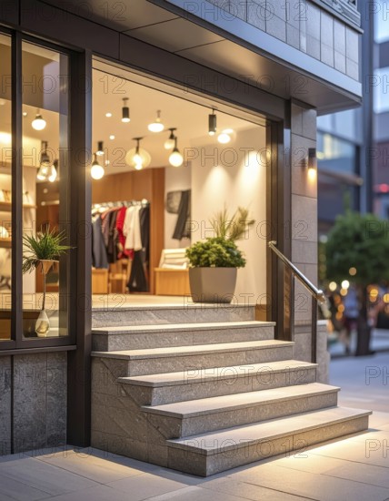Modern building entrance with stairs, glass facade, and plants in warm evening light, empty storefront entrance with a gently stairs access, modern building with glass facade, blurred background, soft sunlight at evening, no people, AI generated