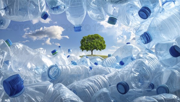 Crushed plastic water bottle waste in a wild landscape, symbol for nature protection, waste avoidance, recycling and ecology concepts on earth environment, AI generated