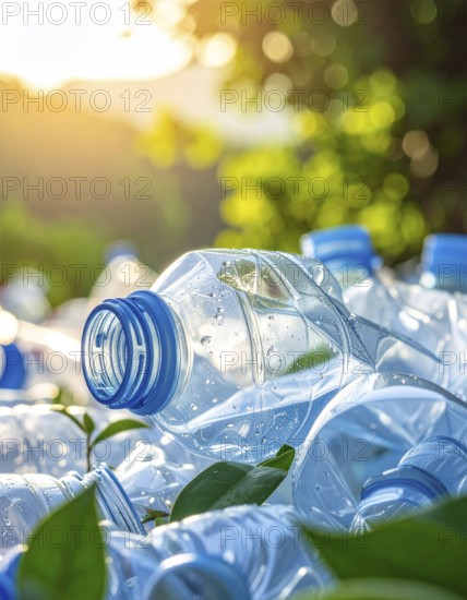 Crushed plastic water bottle waste in a wild landscape, symbol for nature protection, waste avoidance, recycling and ecology concepts on earth environment, AI generated