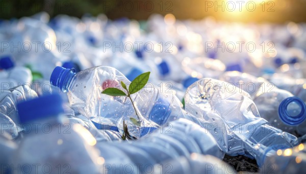 Crushed plastic water bottle waste in a wild landscape, symbol for nature protection, waste avoidance, recycling and ecology concepts on earth environment, AI generated