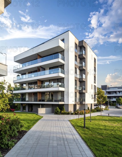 New modern block of flat, condo architecture, Residential apartment as a flat, luxury house complex, City real estate property, green garden plants in front, clear blue sky with golden evening light, AI generated