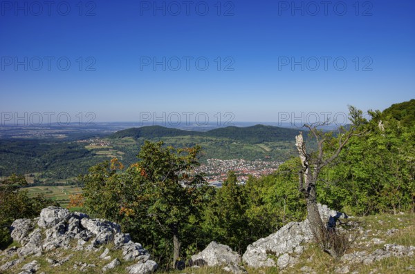 Picturesque scenery on the eaves of the Swabian Jura near Olgafels on Rossfeld in Metzingen-Glems, Baden-Württemberg, Germany