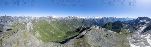 360° alpine panorama, aerial view with summit of Grossvenediger, Venediger Group and Lasörling Group, Hohe Tauern, Austria