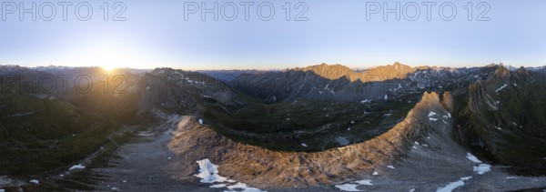 Sunrise 360° Alpine panorama, aerial view of Bachlenkenkopf, summit of the Großvenediger, Venediger Group and Lasörling Group, Hohe Tauern, Austria
