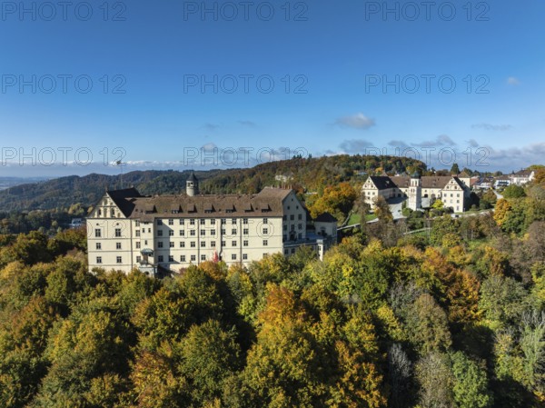 Aerial view of Heiligenberg Castle, a Renaissance-style palace complex, Tübingen administrative district, Lake Constance, Linzgau, Baden-Württemberg, Germany