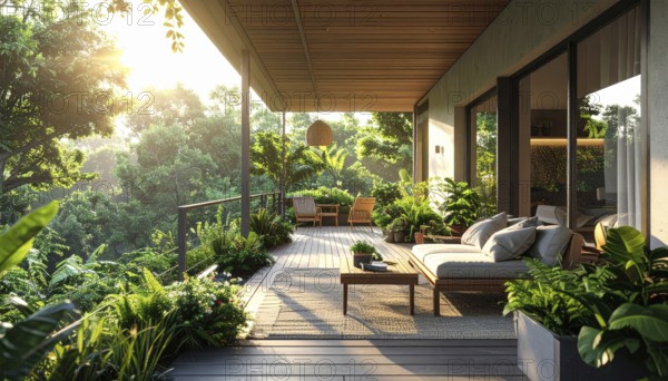 An eco-friendly porch designed for sustainable living in an environmentally-conscious home, lush greenery, landscape bathed in warm sunlight, AI generated