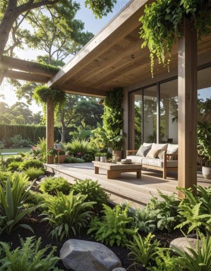 An eco-friendly porch designed for sustainable living in an environmentally-conscious home, lush greenery, landscape bathed in warm sunlight, AI generated