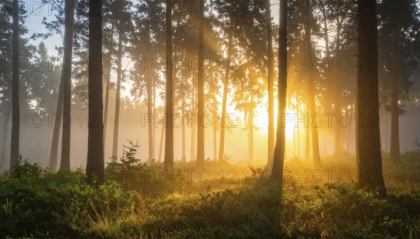 Sunlight streaming through a dense, misty forest, Fog covered forest in summer with mystic golden sunlight, spring morning landscape, backlight sunshine with sunbeams, AI generated