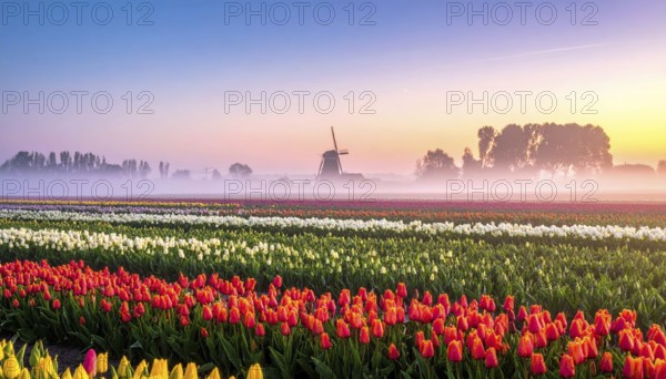 Fog covered landscape in sunrise with tulip fields and windmill in background, AI generated