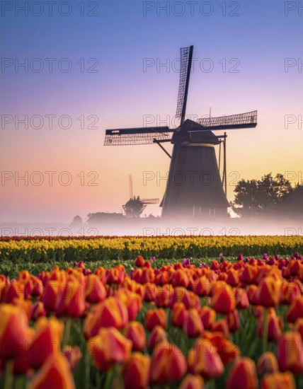 Fog covered landscape in sunrise with tulip fields and windmill in background, AI generated