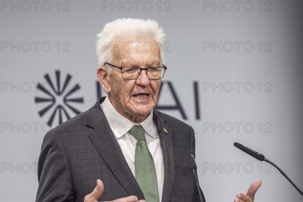 Winfried Kretschmann (Greens), Minister-President of Baden-Württemberg. portrait at the lectern with free text space. ground-breaking ceremony ceremony for the Innovation Park for Artificial Intelligence (IPAI), Heilbronn, Baden-Württemberg, Germany