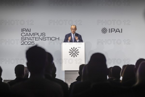 Federal Chancellor Friedrich Merz (CDU) . Portrait at the lectern with free text space. ground-breaking ceremony ceremony for the Artificial Intelligence Innovation Park (IPAI) . Heilbronn, Baden-Württemberg, Germany