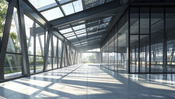 Modern architectural framework with glass and steel structure, glass facade with a greed of steel arrows, blue sky with a soft golden light of a sunrise, AI generated