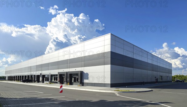 Modern supermarket building exterior against blue sky, Inviting white facade, some clouds, concept of shopping and consume, AI generated
