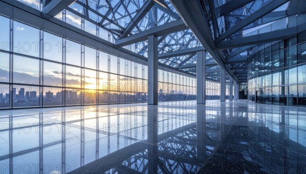 Modern architectural framework with glass and steel structure, glass facade with a greed of steel arrows, blue sky with a soft golden light of a sunrise, AI generated