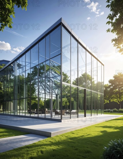 Modern architectural framework with glass and steel structure, glass facade with a greed of steel arrows, blue sky with a soft golden light of a sunrise, AI generated