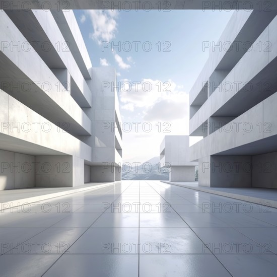 3d illustration of abstract modern architecture background, Minimal geometry architectural design, futuristic car presentation backdrop with empty concrete floor and clear simple lines, white and grey color tones, AI generated