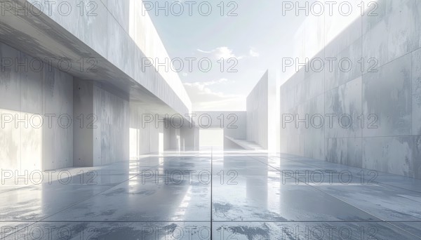 3d illustration of abstract modern architecture background, Minimal geometry architectural design, futuristic car presentation backdrop with empty concrete floor and clear simple lines, white and grey color tones, AI generated